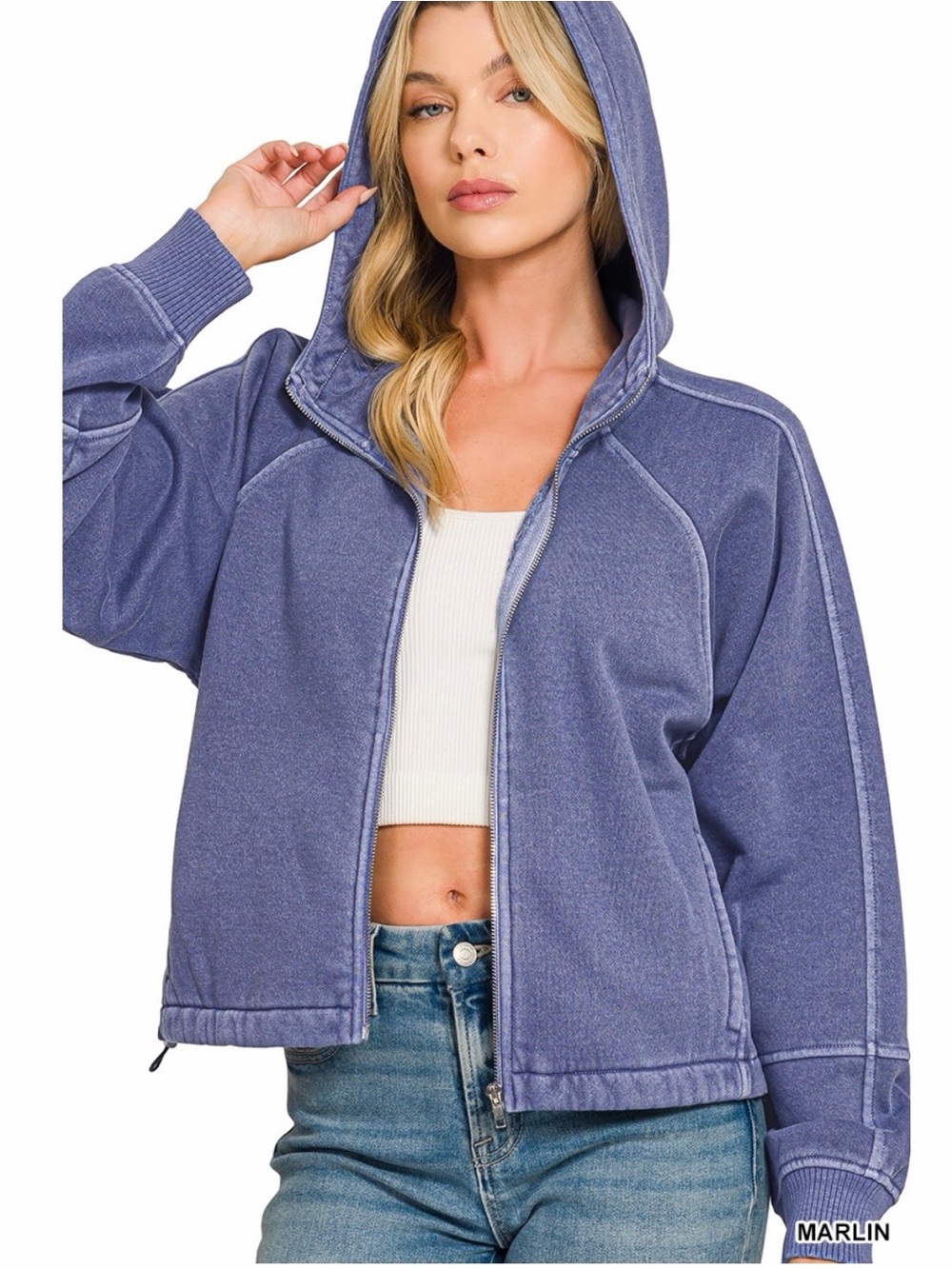 Zenana Marlin Pigment Dye Fleece Zip Up Hoodie